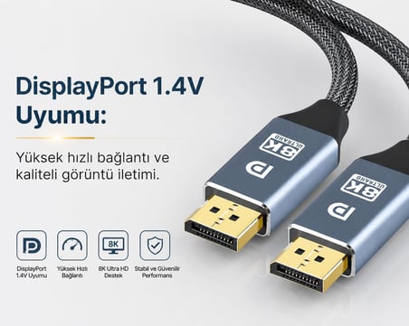 5 Metre 8K DisplayPort Kablosu DP 1.4V, 8K 240Hz UHD, 7680x4320P, Projeksiyon İçin Yüksek Hızda Bağlantı, Notebook, TV, Game Box ve Projeksiyon Cihazı Uyumlu | ZR834 (5 Metre)