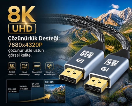 5 Metre 8K DisplayPort Kablosu DP 1.4V, 8K 240Hz UHD, 7680x4320P, Projeksiyon İçin Yüksek Hızda Bağlantı, Notebook, TV, Game Box ve Projeksiyon Cihazı Uyumlu | ZR834 (5 Metre)