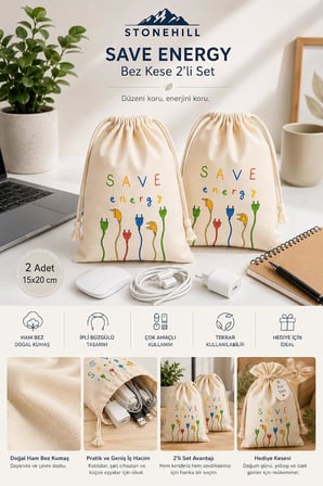 Save Energy Baskılı Bez Kese 15x20 cm 2'li Set - İpli Pamuklu Çok Amaçlı Saklama Kesesi, Kablo Düzenleyici, Hediye Kesesi