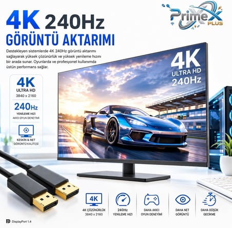 PrimeX PX-DP8K 1.8 Metre DisplayPort 1.4 Kablo, 2K 4K 8K UHD DP Kablo, 4K 240Hz, 1080p 480Hz, 144Hz 165Hz 360Hz Destekli, FreeSync G-Sync Uyumlu, Mandalsız Display Port Kablo, Ses ve Görüntü Aktarımı