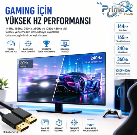 PrimeX PX-DP8K 1.8 Metre DisplayPort 1.4 Kablo, 2K 4K 8K UHD DP Kablo, 4K 240Hz, 1080p 480Hz, 144Hz 165Hz 360Hz Destekli, FreeSync G-Sync Uyumlu, Mandalsız Display Port Kablo, Ses ve Görüntü Aktarımı