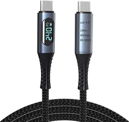 240W USB 4.0 Kablosu, Led Ekranlı, Tunderbolt 40Gbps 8K@60Hz PD Tip C Kablosu, USB C - USB C Erkek - Erkek Kablo Kablosu Bilgisayar Type-C Laptop Pad Hub için 1 Metre ZR850