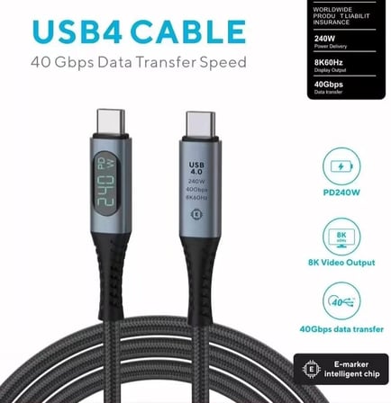240W USB 4.0 Kablosu, Led Ekranlı, Tunderbolt 40Gbps 8K@60Hz PD Tip C Kablosu, USB C - USB C Erkek - Erkek Kablo Kablosu Bilgisayar Type-C Laptop Pad Hub için 1 Metre ZR850