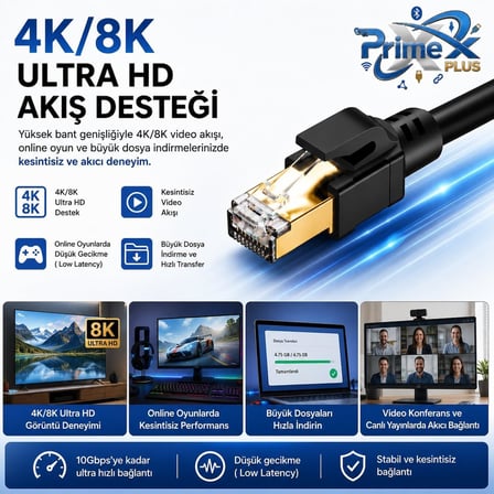 PrimeX PX-5212 2 Metre Cat8 Ethernet Kablosu, 10Gbps Yüksek Hızlı RJ45 Ağ Kablosu, S/FTP 600MHz Gaming Modem Router Switch Patch İnternet Kablosu
