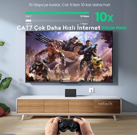 CAT7 Ethernet Kablosu (5 Metre) 10Gbps Premium İnternet Lan Kablo Flat Modem Ağ Kablosu 5mt
