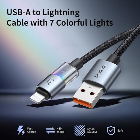 CA-8170 Usb iPhone 3A 7 Renkli LED Işıklı Şarj Data Kablosu
