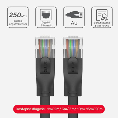 Patchcord Düz Kablo Kat.6 UTP 5M / RJ45 Tip B / 250 Mhz / 1000 Mbit/s/Fluke Networks Sertifikası/PVC ve Bakır/Korumalı UTP/Siyah