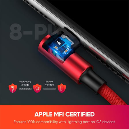 Örgülü 90° Lightning iPhone Oyuncu Şarj Kablosu, Kırmızı, 1 Metre