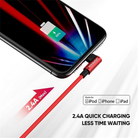 Örgülü 90° Lightning iPhone Oyuncu Şarj Kablosu, Kırmızı, 1 Metre