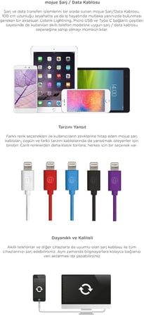 3Dk34 Lightning Şarj Kablosu, 1 metre,Mor