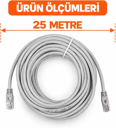 CAT6 Ethernet Kablosu 2 Metre RJ45 İnternet Kablosu Modem PC Bilgisayar Laptop PS5 Oyun Konsolu Router Switch Ağ LAN Network Patch Kablo Gri (25 Metre)