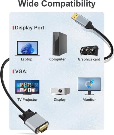 STORE DisplayPort to VGA Dönüştürücü Kablo, 1080p 60Hz Full HD Görüntü Aktarımı, Tek Yönlü DP → VGA Adaptör, Monitör ve Projeksiyon Uyumlu (Displayport to VGA) | ZR1161