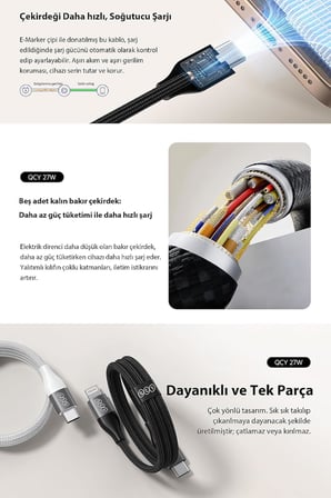 27W Type-C To Lightning Şarj Kablosu 1.2 Metre Halat Örgü 480Mbps Kırılmaz Data Kablosu Dc23,Siyah