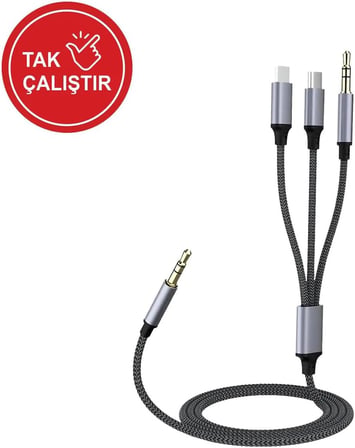 Type-C iPhone Lightning To 3.5mm Aux Kumaş Örgülü Ses Kablosu 3 in 1 Stereo Destekli MT2811 ile uyumlu