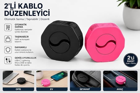 VeltroniX Kablo Düzenleyici ve Otomatik Kablo Sarma Aparatı – USB Şarj Kablosu Toplayıcı, Telefon Kablo Organizer, Taşınabilir Kablo Sarıcı.(siyah-pempe 2'li)