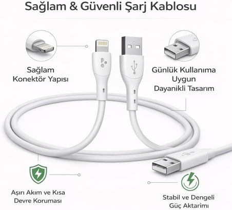 Lightning Uyumlu 1 Metre Şarj Kablosu | 3.0A Hızlı Şarj ve Veri Senkronizasyonu | Akıllı Devre Korumalı, Günlük Kullanıma Dayanıklı Tasarım