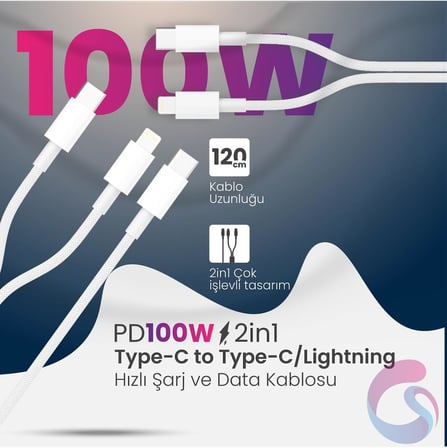 2in1 100W PD Type-C ve Lightning Hızlı Şarj Kablosu 120cm Beyaz, 115GNXY355