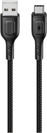 KNIT 2A Çıkış, USB-A to Type-C Şarj ve Data Aktarım Kablosu, Örgü Tasarım, 1 metre, Siyah