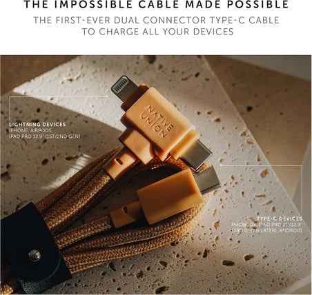 Belt Cable Duo - 1,5 m Ultra Güçlü Örgülü Evrensel Şarj Kablosu - Geri Dönüştürülmüş Malzemelerden Üretildi - Yıldırım ve C Tipi Cihazlar için 2'si 1 Arada Çok Cihazlı MFi Sertifikalı