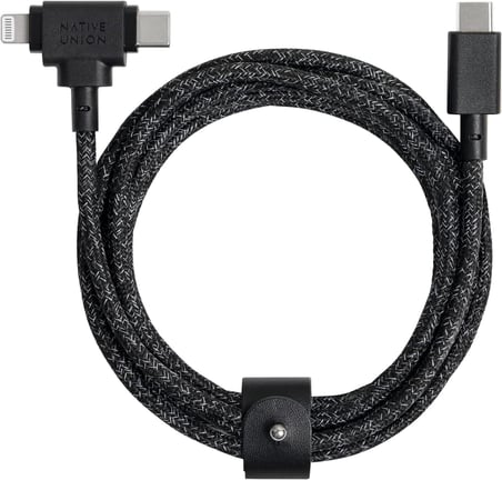 Belt Cable Duo - 1,5 m Ultra Güçlü Örgülü Evrensel Şarj Kablosu - Geri Dönüştürülmüş Malzemelerden Üretildi - Yıldırım ve C Tipi Cihazlar için 2'si 1 Arada Çok Cihazlı MFi Sertifikalı