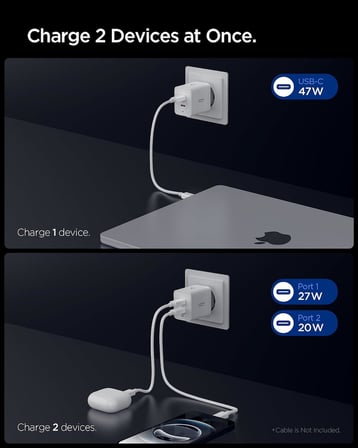 47W USB-C 2 Port Mini Hızlı Şarj Aleti PPS 2.0 Super Hızlı Şarj GaN Pro Isı Düşürücü Güç Adaptörü Akım Koruma iPhone & Android & iPad & MacBook Type-C White - ACH08707