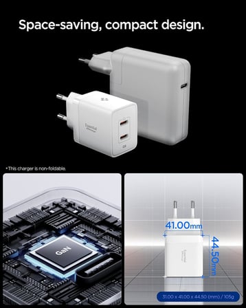 47W USB-C 2 Port Mini Hızlı Şarj Aleti PPS 2.0 Super Hızlı Şarj GaN Pro Isı Düşürücü Güç Adaptörü Akım Koruma iPhone & Android & iPad & MacBook Type-C White - ACH08707