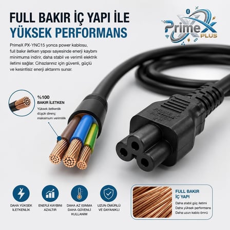 PrimeX PX-YNC15 1.5 Metre Yonca Power Kablosu, 3x0.75mm Full Bakır Notebook Adaptör Güç Kablosu, IEC C5 Yonca Tip Laptop Adaptör Power Kablo, Siyah Yedek Güç Bağlantı Kablosu
