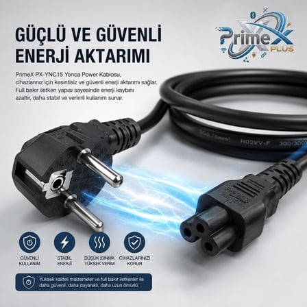 PrimeX PX-YNC15 1.5 Metre Yonca Power Kablosu, 3x0.75mm Full Bakır Notebook Adaptör Güç Kablosu, IEC C5 Yonca Tip Laptop Adaptör Power Kablo, Siyah Yedek Güç Bağlantı Kablosu