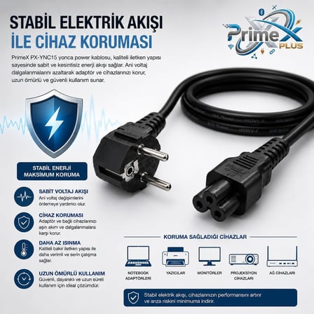 PrimeX PX-YNC15 1.5 Metre Yonca Power Kablosu, 3x0.75mm Full Bakır Notebook Adaptör Güç Kablosu, IEC C5 Yonca Tip Laptop Adaptör Power Kablo, Siyah Yedek Güç Bağlantı Kablosu