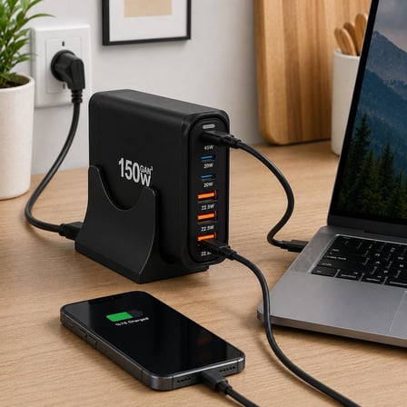 150W GaN Hızlı Şarj İstasyonu, 6 Portlu Masaüstü Şarj Aleti, 3 USB-C Type-C ve 3 USB-A Girişli Çoklu Adaptör, Telefon Tablet Laptop İçin Akıllı Güç Dağıtımlı Şarj Cihazı