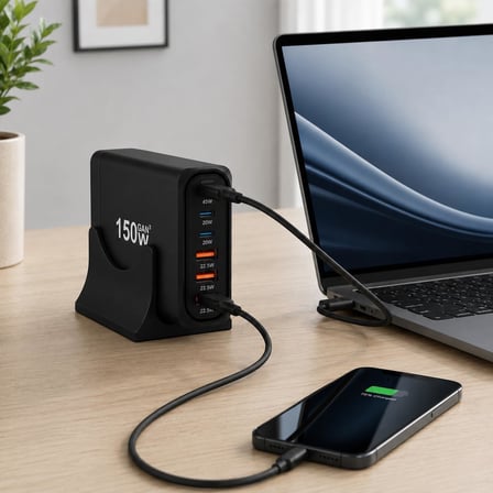 150W GaN Hızlı Şarj İstasyonu, 6 Portlu Masaüstü Şarj Aleti, 3 USB-C Type-C ve 3 USB-A Girişli Çoklu Adaptör, Telefon Tablet Laptop İçin Akıllı Güç Dağıtımlı Şarj Cihazı
