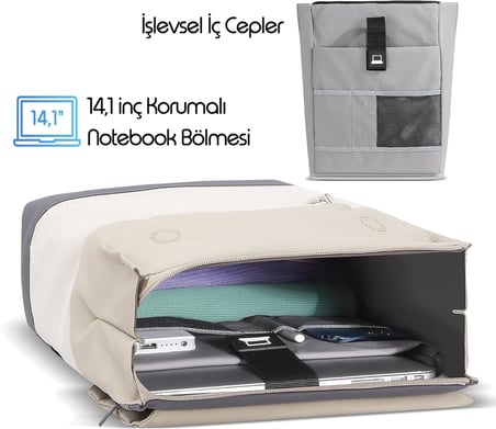 Zen Eco MCE-1305 Sırt Çantası - Macbook Çantası, Hırsızlığa Karşı Koruma, Küçük, Mini, 13-14 inç Laptop, Günlük ve İş Kullanımı, Şık Tasarım, Üniversite ve Okul İçin, Bej