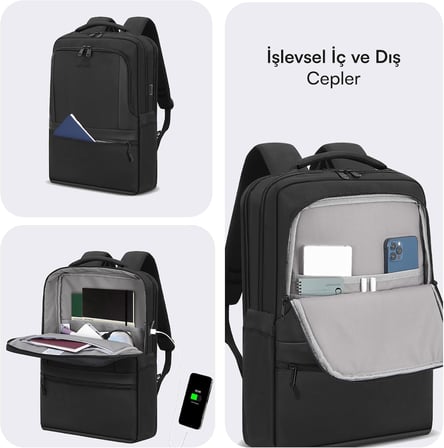 Office Eco Mce-1212  16 İnç Su İ̇Tici Laptop Sırt Çantası, Usb Şarj Portlu Bilgisayar Ve Notebook Çantası, Kadın Erkek Bilgisayar İ̇Ş Çantası, Üniversite Okul Çantası, Siyah