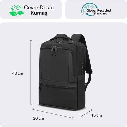 Office Eco MCE-1212 Çevre Dostu 16 inç Su İtici Laptop Sırt Çantası, USB Şarj Portlu Bilgisayar ve Notebook Çantası, Kadın Erkek Bilgisayar İş Çantası, Üniversite Okul Çantası, Siyah