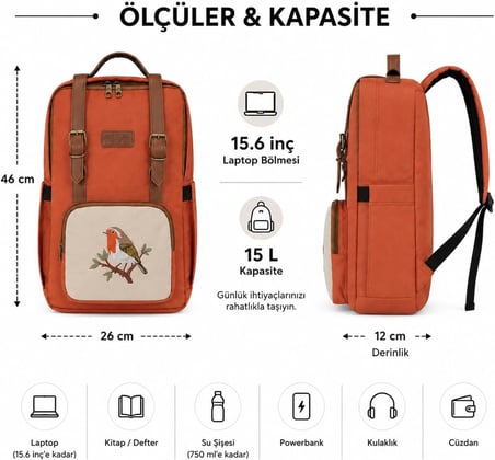 Nakışlı Sırt Çantası, 15L, Laptop Bölmeli, Suni Deri Detaylı, Kuş Desenli, Unisex