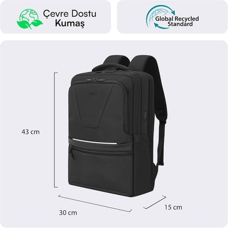 Office Eco MCE-1213 Çevre Dostu 16 inç Su İtici Laptop Sırt Çantası, USB Şarj Portlu Bilgisayar ve Notebook Çantası, Kadın Erkek Bilgisayar İş Çantası, Üniversite Okul Çantası, Siyah