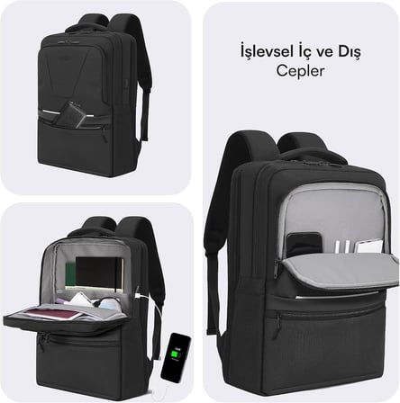 Office Eco MCE-1213 Çevre Dostu 16 inç Su İtici Laptop Sırt Çantası, USB Şarj Portlu Bilgisayar ve Notebook Çantası, Kadın Erkek Bilgisayar İş Çantası, Üniversite Okul Çantası, Siyah