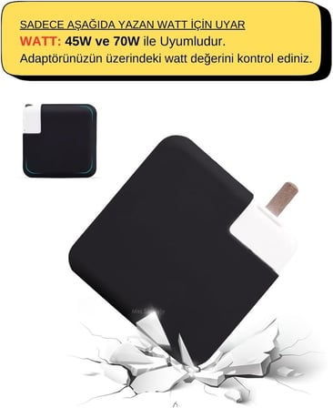 MacBook Şarj Aleti Kılıfı Silikon | 45W A1374/A1436 MagSafe 1-2, 70W A2520 USB-C Uyumlu | Air 11/13.3 ve Pro 14.2 Adaptör Koruyucu Siyah