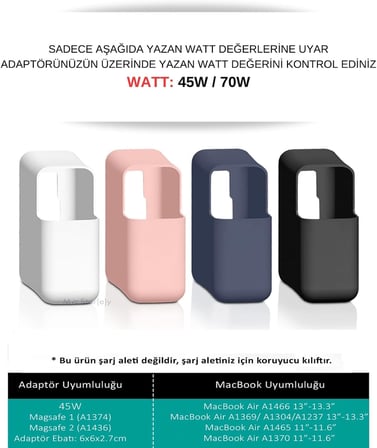 MacBook Şarj Aleti Kılıfı Silikon | 45W A1374/A1436 MagSafe 1-2, 70W A2520 USB-C Uyumlu | Air 11/13.3 ve Pro 14.2 Adaptör Koruyucu Siyah