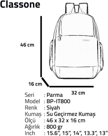 Classone BP-IT800 Parma 15.6" Notebook, Laptop k Sırt Çantası-Siyah