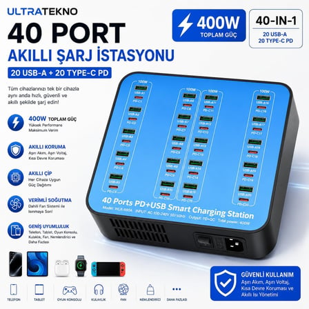 WLX-880A 400W 40 Port Şarj İstasyonu | 20 USB + 20 Type-C PD | Çoklu Hızlı Şarj