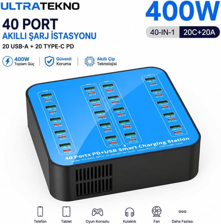 WLX-880A 400W 40 Port Şarj İstasyonu | 20 USB + 20 Type-C PD | Çoklu Hızlı Şarj