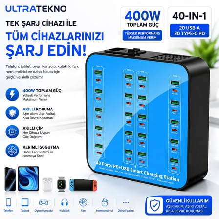 WLX-880A 400W 40 Port Şarj İstasyonu | 20 USB + 20 Type-C PD | Çoklu Hızlı Şarj