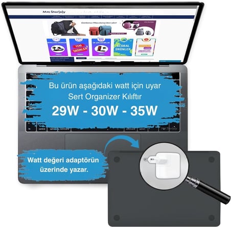 MacBook Şarj Aleti Kılıfı PVC Sert Kapak + Kablo Düzenleyici | 29W A1540, 30W A1882, 35W A2571 USB-C Uyumlu | Adaptör Koruyucu Gri