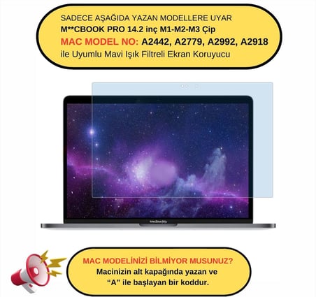 MacBook Pro 14 Ekran Koruyucu Anti Blue Ray Mavi Işık Filtreli HD PET Film A2442 A2779 A2918 A2992 A3112 A3401 A3185 A3434 A3426 A3427 M1 M2 M3 M4 M5 Çizilmeye Dayanıklı Kolay Uygulama Şeffaf