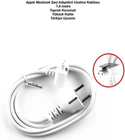 Macbook Şarj Adaptörü Uzatma Kablosu 1.8m Toprak Korumalı, TR Fiş, Galvanizli Kalaylı Kablo
