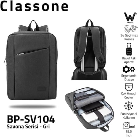 Classone Savona BP-SV Su geçirmez Kumaş,15.6" Notebook,Laptop Sırt Çantası