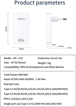 HP-C35 45 Watt GaN Şarj Adaptörü 100 Cm Kablo 2-Port Fast Charger Hızlı Şarj Seti Type-C Kablo Dahildir Quick Charge 3.0