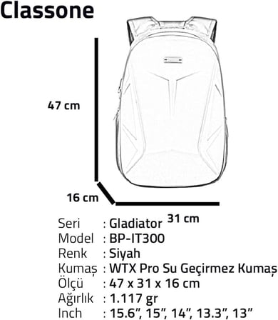 Classone BP-IT300 Gladiator Serisi 15.6" Uyumlu Notebook Çantası - Siyah