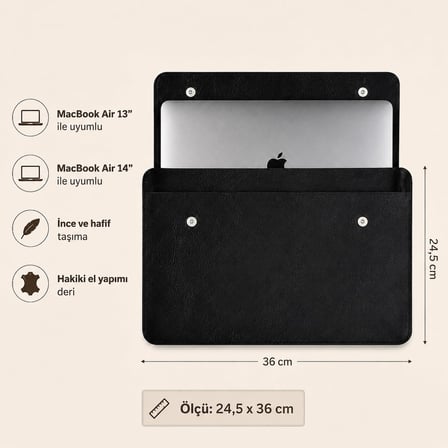 Hakiki Deri Laptop Kılıfı 13-14 inç MacBook Air & Pro Uyumlu (siyah)